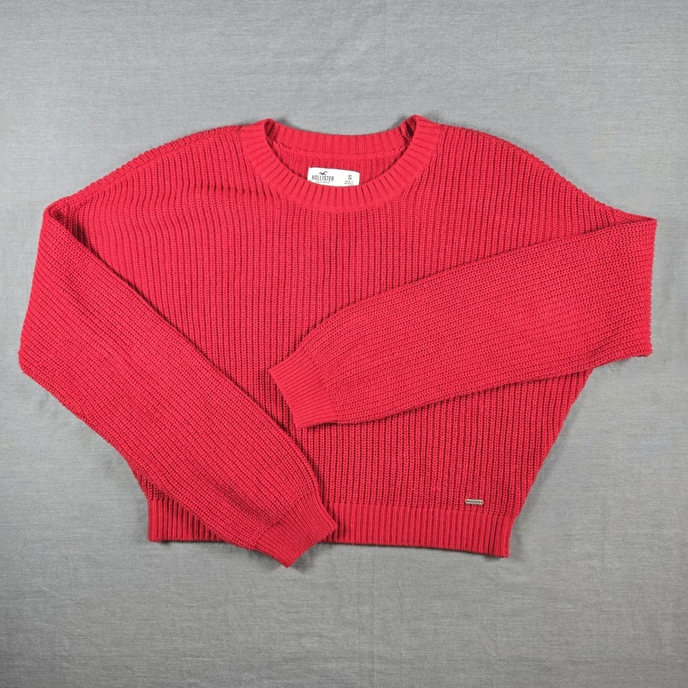 Hollister Co Red Shaker Stitch Cropped Crewneck Sweater Small Relaxed Fit Preppy
